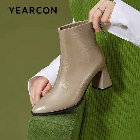 意尔康真皮粗高跟时装靴女2023冬款瘦瘦短靴小个子英伦风尖头单靴图片