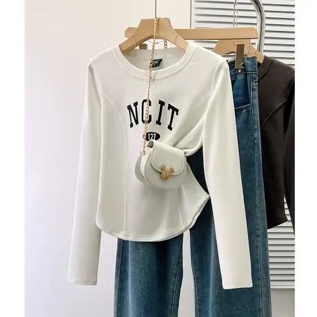白色打底衫女长袖鱼骨t恤秋季修身上衣2023年新款高级感减龄内搭商品大图
