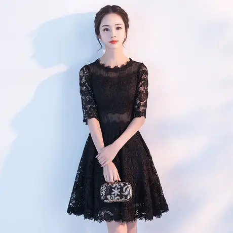 年会黑色小晚礼服裙女平时可穿生日宴会连衣裙蕾丝洋装短款小个子商品大图