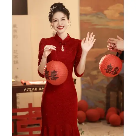红色旗袍敬酒服新娘高端小个子订婚礼服长袖鱼尾修身回门连衣裙女商品大图