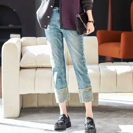 宝诗黎高腰显瘦直筒牛仔裤2024新款洋气韩版百搭棉质休闲裤女春季商品大图