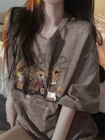 2024新款美式复古棕色小熊短袖t恤女小众不撞款冷淡系高级感上衣图片