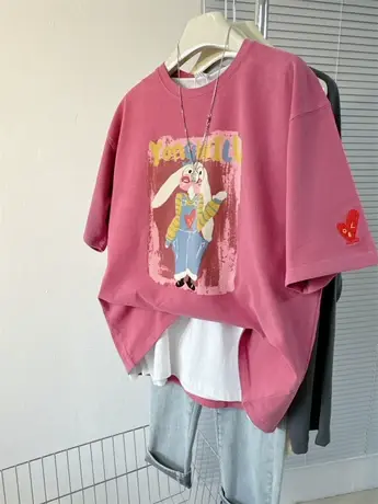 春季新款磨毛棉宽松做旧复古水洗上衣女款卡通加厚短袖T恤上衣潮图片