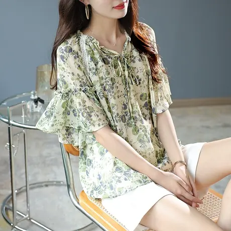 宝诗黎喇叭袖碎花雪纺衫女V领系带减龄小衫2023夏季新款宽松上衣图片