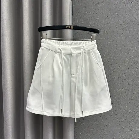 欧货个性系带休闲裤女24春季新款白色简约设计感洋气百搭阔腿短裤图片