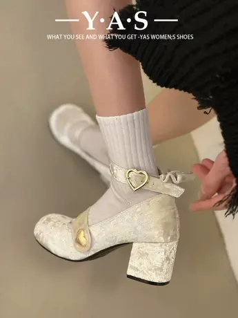 高级白色小个子法式粗跟高跟鞋女2024女款春秋一字带复古玛丽珍鞋图片