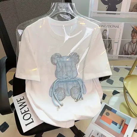 纯棉设计感重工刺绣小熊短袖t恤女夏季2023新款潮牌宽松正肩上衣商品大图