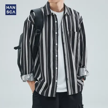 hansca条纹衬衫男高级感青少年春季潮牌复古宽松日系纯棉衬衣外套商品大图