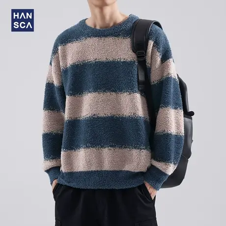 hansca美式复古撞色条纹毛衣男秋冬新款慵懒高级感圆领宽松打底衫商品大图