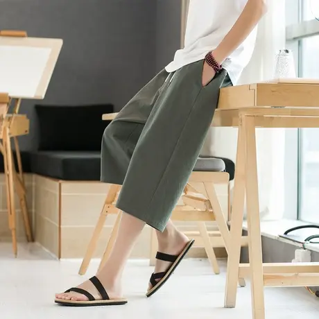 中国风开叉棉麻短裤男夏季薄款潮牌宽松5五分裤亚麻速干休闲中裤图片