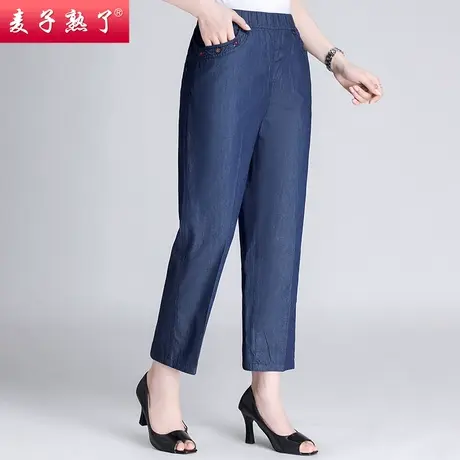中老年女装松紧腰牛仔裤妈妈装绣花裤2021夏季新款阔太百搭牛仔裤图片