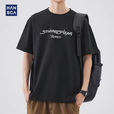 hansca 宽松圆领短袖T恤男夏季新款美式字母潮牌高街廓形休闲上衣商品大图