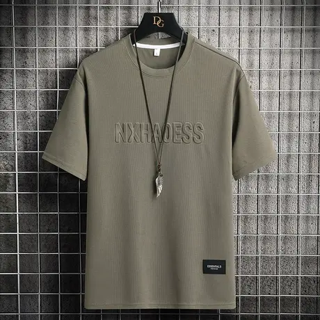 华夫格短袖T恤男夏季潮牌钢印字母印花半袖上衣服宽松冰丝体恤男t商品大图