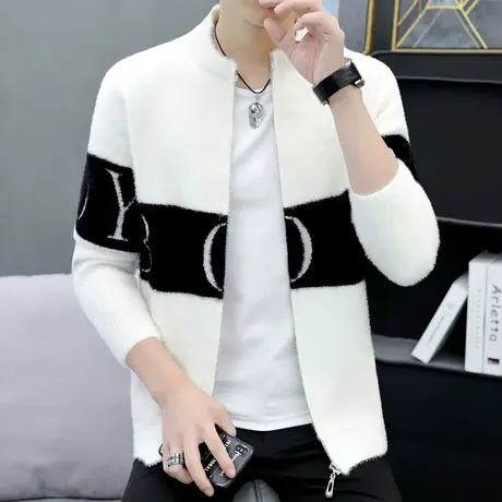 外套男士潮流针织棒球服男秋冬季水貂绒夹克学生帅气加厚开衫毛衣商品大图