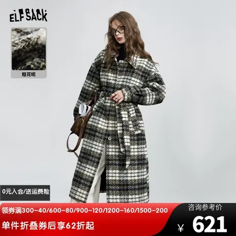 妖精的口袋粗花呢格纹毛呢外套女2023冬季新款复古英伦长款呢大衣图片