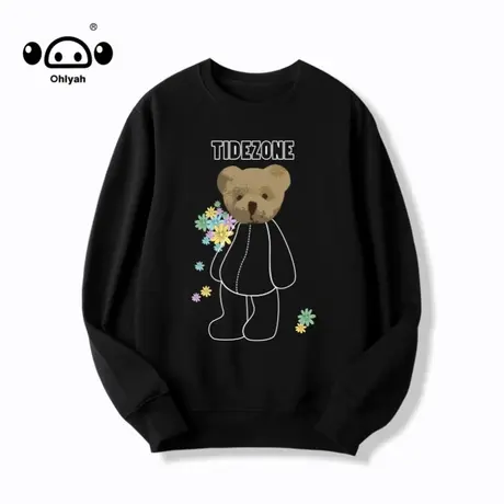 潮牌小熊印花长袖T恤男女宽松纯棉休闲简约套头圆领情侣卫衣秋季商品大图