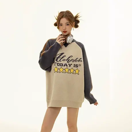 设计感拼接提花毛衣女秋冬2023年新款韩系潮牌宽松复古针织衫外套商品大图