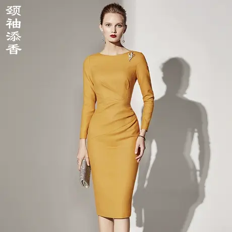 颈袖添香2023秋季新款职业连衣裙法式商务黄色羊毛呢高腰女装图片