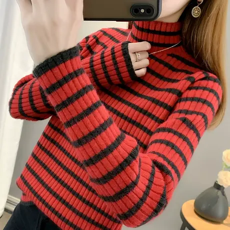 条纹打底衫女内搭秋装女2023年新款半高领套头修身拼色女士毛衣厚商品大图