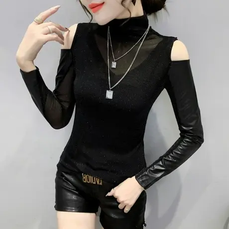 半高领打底衫女2023秋冬新款网纱拼接性感露肩长袖T恤百搭上衣ins商品大图