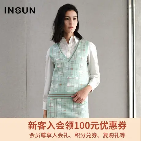 恩裳商场同款春夏季格纹印花背心v领套头毛针织衫马甲商品大图