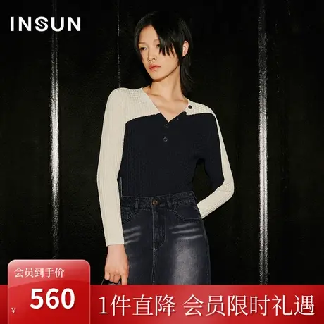 恩裳COVER2023秋季新款简约斜肩拼色设计立体提花工艺曲珠针织衫商品大图