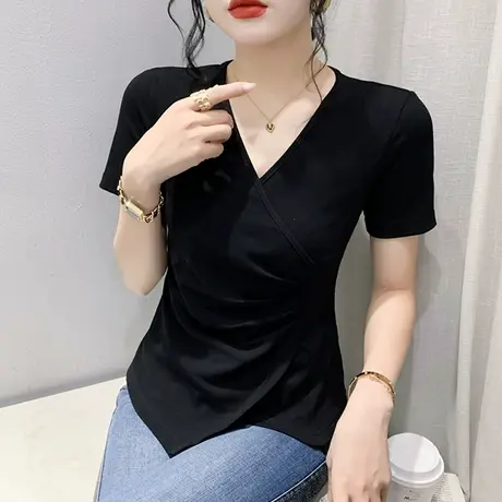 不规则短袖女T恤ins潮设计感开叉V领上衣纯色百搭小衫修身体恤夏商品大图