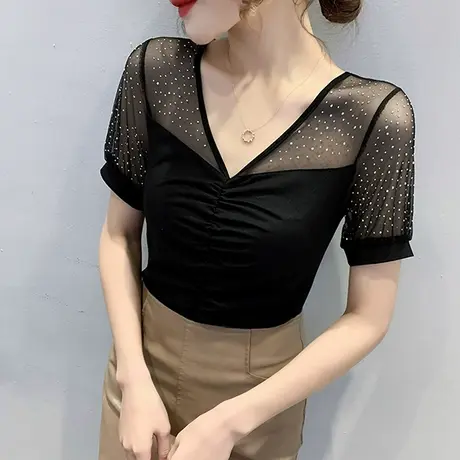 2023夏装新款时尚烫钻V领T恤女短袖性感网纱拼接上衣纯色百搭小衫商品大图