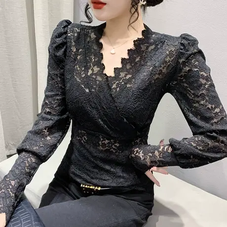 性感蕾丝上衣女秋装2023新款紧身高腰短款上衣气质V领打底衫长袖图片