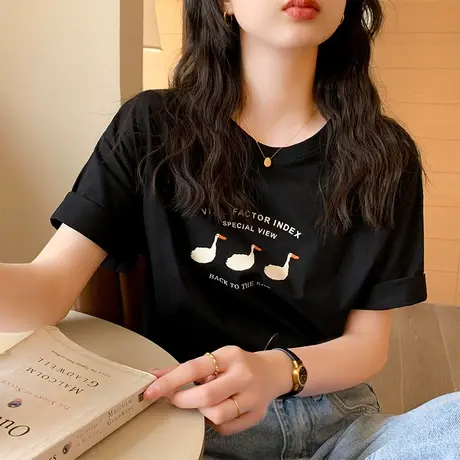 纯棉短袖t恤女装夏季2023年新款设计感小众印花宽松正肩上衣ins潮商品大图