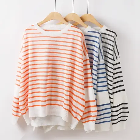 冰丝条纹针织衫女夏季薄款新款圆领套头长袖宽松大码上衣防晒外搭商品大图