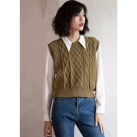 弥古复古针织马甲显瘦套头毛衣麻花背心女春秋无袖坎肩马夹高级感商品大图