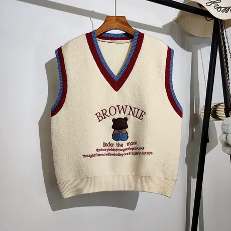 针织马甲女小熊字母刺绣秋冬新款日系学院风无袖坎肩毛衣背心外套商品大图