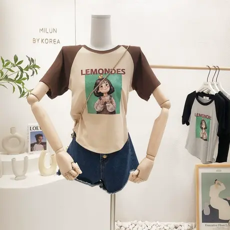 2022夏季chic慵懒小众韩国东大门复古插肩袖T恤短款高腰上衣修身商品大图