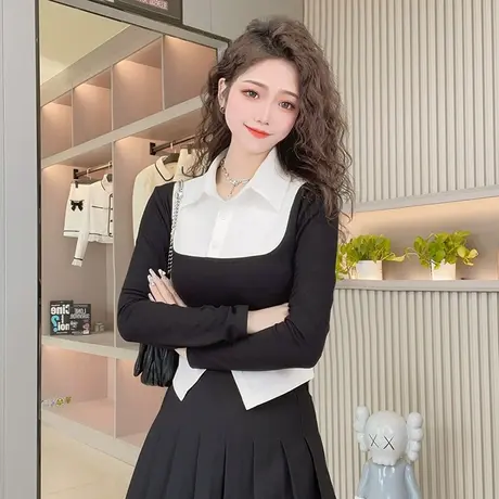 春季拼接撞色假两件黑色上衣修身显瘦T恤女百搭纯棉Polo领打底衫图片