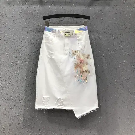 高腰不规则牛仔半身裙女春夏新款欧货白色钉珠个性花朵破洞包臀裙图片