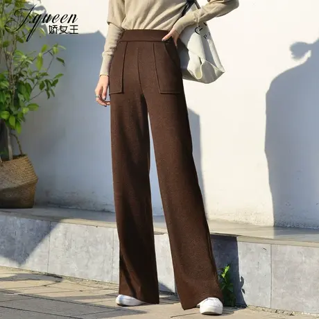 毛呢阔腿裤女高腰长裤秋冬新款韩版复古坠感显瘦休闲直筒拖地裤子商品大图