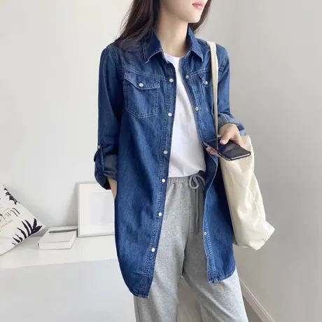 中长款牛仔衬衫女新款春装设计感小众上衣叠穿休闲宽松外套衬衣潮图片