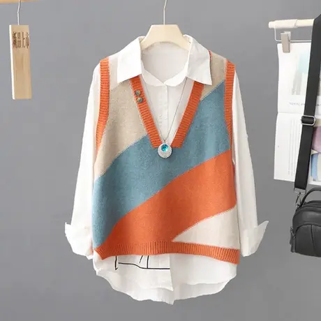 橘色叠穿马甲背心女坎肩春秋2023新款外穿撞色V领毛衣套头针织衫图片