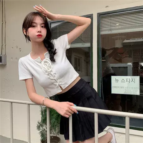 美式辣妹短款设计感绑带短袖t恤女大码胖mm微胖甜酷女孩穿搭上衣图片