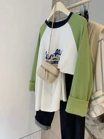 个性青春减龄插肩袖长袖T恤女韩版ins潮时尚设计感撞色打底衫上衣商品大图