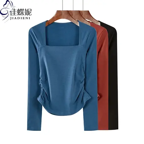 秋冬新款韩版方领下摆圆弧褶皱纯色修身磨毛长袖体恤上衣内搭女装商品大图