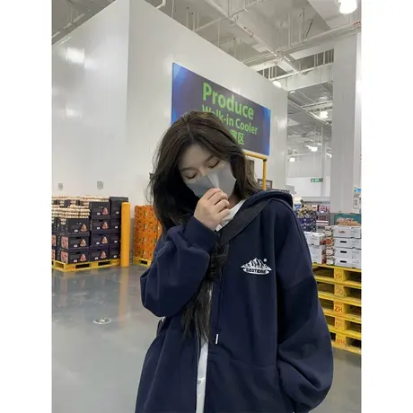 银狐绒设计感连帽开衫卫衣女秋冬季加绒加厚ins潮牌国潮宽松外套商品大图