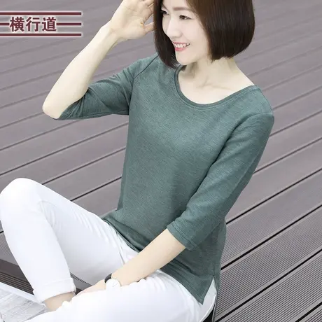 2023新款秋装圆领中袖t恤上衣宽松休闲女装外穿大码七分袖打底衫商品大图
