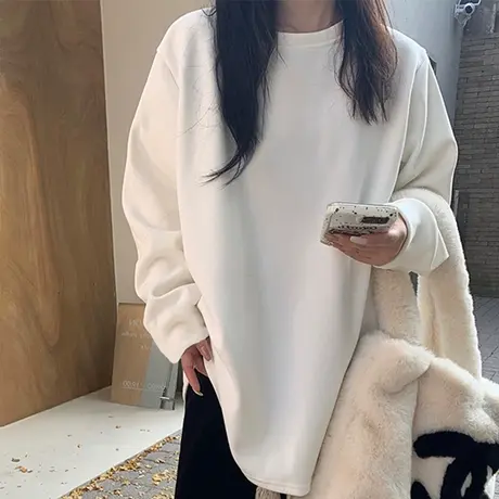 秋冬高级感白色打底衫女ins潮加绒加厚纯色保暖大码oversize上衣商品大图