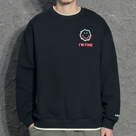 2022春季新款潮流休闲套头卫衣男笑脸假两件圆领宽松百搭长袖上衣图片