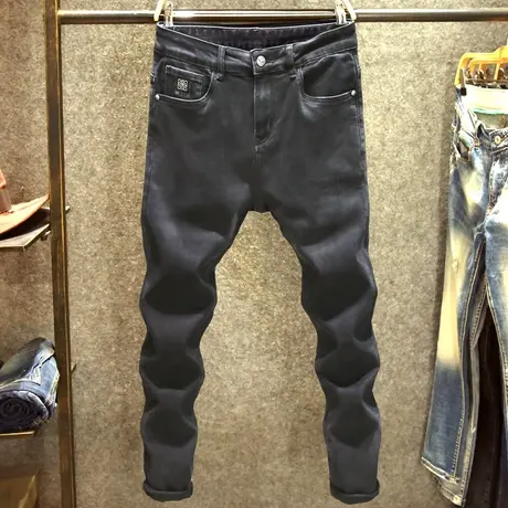 黑色休闲牛仔裤男潮牌时尚简约长裤子男装大牌刺绣百搭修身小脚裤商品大图