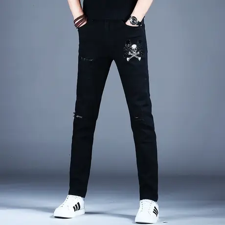 秋款纯黑色烫钻破洞牛仔裤男款2023高端潮牌潮流裤子休闲男裤弹力商品大图