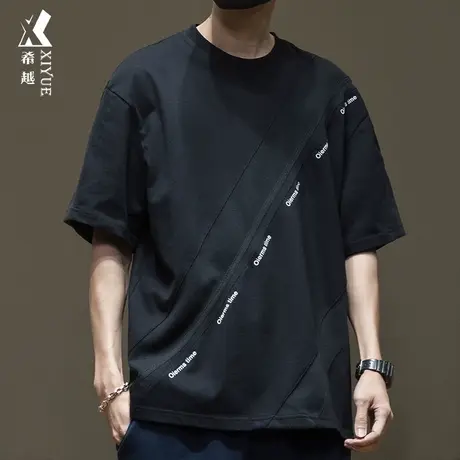 希越高级感拼接纯棉短袖T恤男夏季痞帅ins潮流大码五分袖休闲上衣商品大图