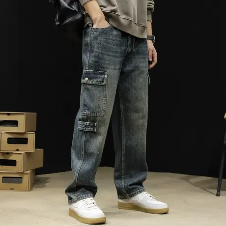 潮牌牛仔裤男2023新款秋季直筒宽松大码春秋阔腿男裤多袋工装裤子商品大图